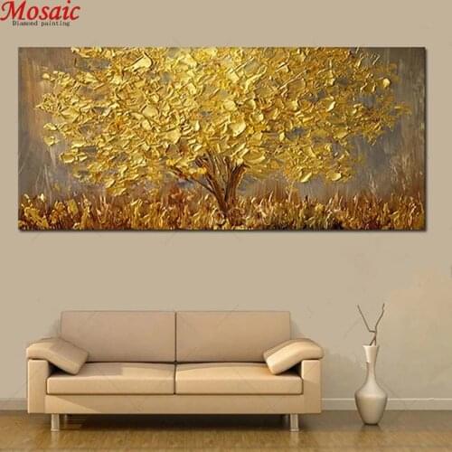 Large Palette Knife Gold Tree Diamond Painting Full Square Diamond Embroidery Picture Of Rhinestone Beaded Mosaic Wall Decor