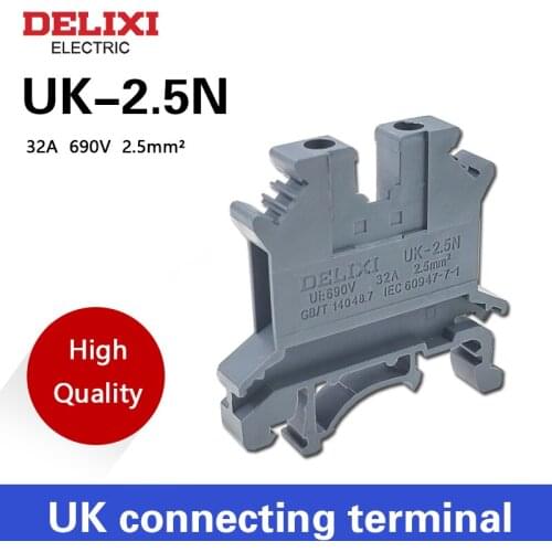DELIXI Terminal blocks UK-2.5B UK Series 2.5mm Universal voltage connection copper DIN Rail mounted screw clipping UK-2.5N 32A