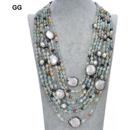 GuaiGuai Jewelry 22''-30" 7 Strands Faceted Round Amazonite White Pearl Necklace