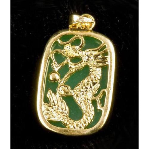 Emerald Green Jade Yellow Gold Plated Dragon Tablet Pendant and Necklace