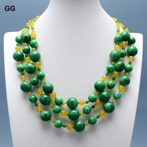 GG Jewelry Yellow Green Smooth Round Jade Chokers Necklace Multi Strands Jade Necklace 21'' For Women