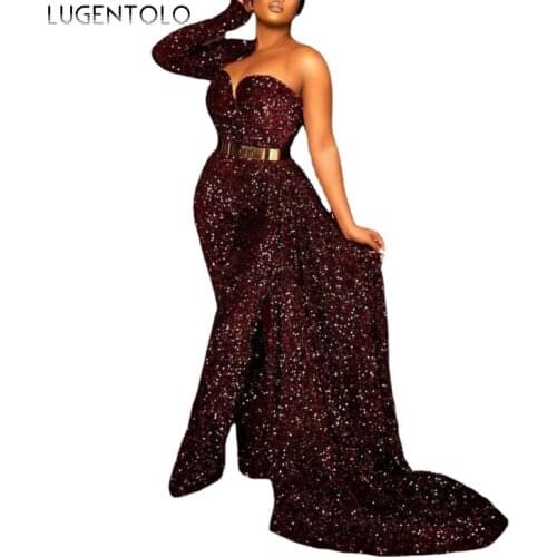 Party Jumpsuits Women Slim Sequins One Shoulder Spring Summer Ladies Dinner Breast Wrap Long Straight Jumpsuit Lugentolo