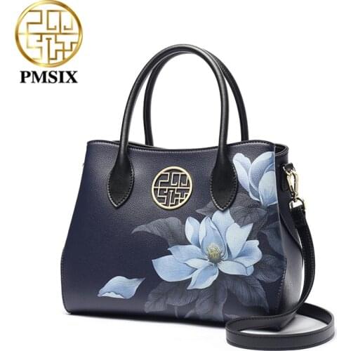 PMSIX Fashion Cow Leather Handbags For Women New Printed Flowers Cowhide Luxury Ladies Shoulder & Crossbody Bags 2020