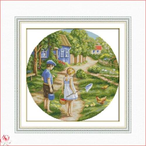 Childhood Sweethearts Cross Stitch Kit DIY Landscape Pattern 14CT 11CT Embroidery Set Needlework Home Decoration Craft Painting