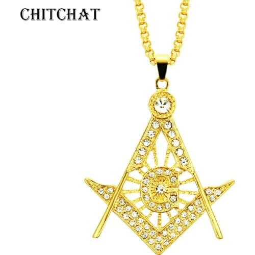 Iced Out Masonic Freemasonry Necklace Charm Bling Rhinestone Sand Blast Free Masonic Pendant For Rocker Hip Hop Gift
