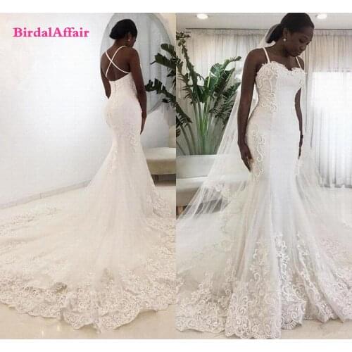 Sexy White Mermaid Wedding Dresses Spaghetti Cross Straps Sweep Train Appliques Beads Garden Country Bridal Gowns