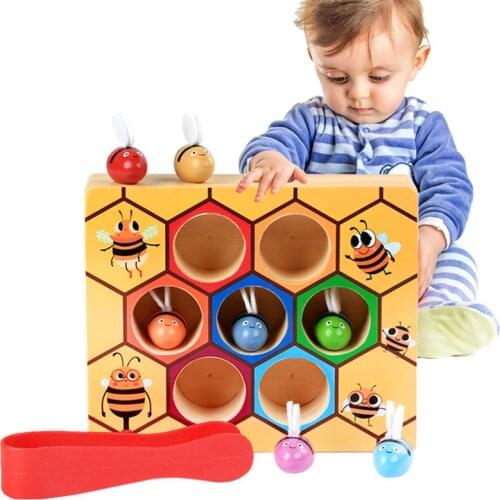 Montessori Educational Wooden Toys Clip Bee game early learning color cognition clip small bees beehive games kids wooden toys