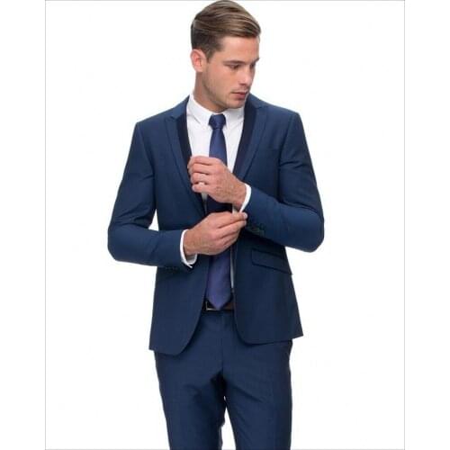 Custom Made Groomsmen Peak Lapel Groom Tuxedos Navy Blue Men Suits Wedding Best Man (Jacket+Pants+Tie+Hankerchief) C26