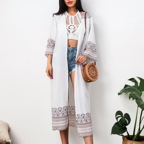 Kimono Print Loose Cardigan Bikini Cover Ups Fashion Casual Beachwear Holiday Beach Blouse White Navy 2021 New Dropshipping