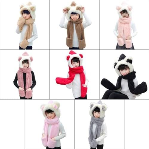 Kids 3 In 1 Warm Plush Winter Hat Cute Bowknot Bear Ears Scarf Gloves Hoodie Cap F3MF