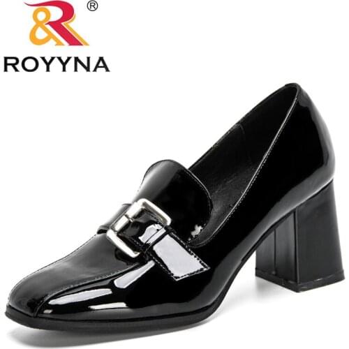 ROYYNA 2021 New Designers Genuine Leather Slip On Solid Color Thick Heels Pumps Women Office Shoes Ladies Daily Zapatillas Mujer