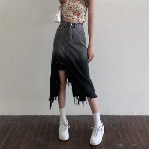 Nic 2021 Summer Women Korean Long Jeans Midi Loose Skirts Gradient Split High Waist Irregular Denim Harajuku Mini Skirt S-L