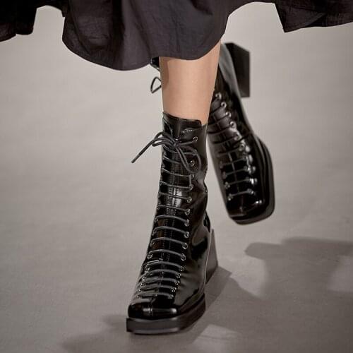 CIALISA Women Shoes Genuine Leather Square Toe Lace-up Mid Heel Boot 2020 New Winter Fashion Back Zipeper Mid -calf Boot