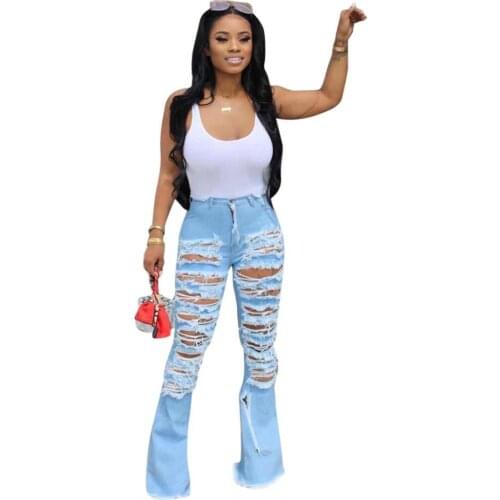 OMILKA Ripped Flare Skinny Jeans 2020 Summer Women High Waist Hollow Out Club Streetwear Destroyed Hole Pencil Jeans