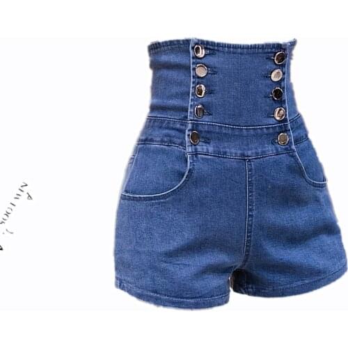 2021 Womens Thin Breasted Buttoned Waist Stretch Rrayed Hot Pants Sexy Fashion Summer Denim Shorts Super High Waist Jeans