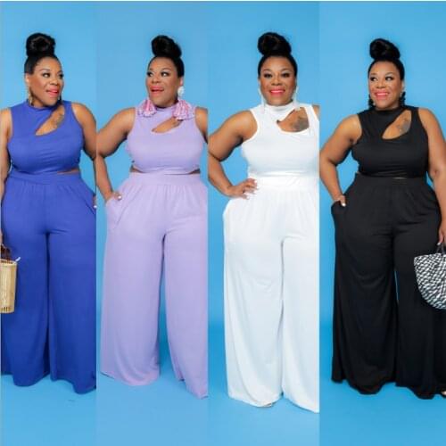 Plus Size Women Solid Color Two Piece Sets Fashion O-neck Sleeveless Vest + Elastic Waist Loose Pants Casual Outfits 2021 Summer