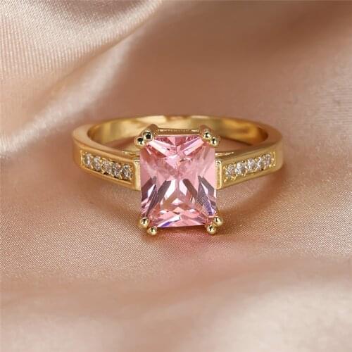 Female Luxury Pink Crystal Stone Jewelry Charm Gold Color Thin Wedding Rings For Women Cute Bride Square Zircon Engagement Ring