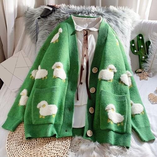 2021 Autumn New Knitted Female Cardigan Loose Casual Sweater Coat Cute Cartoon Print V-Neck knitted cardigan Women Jacket