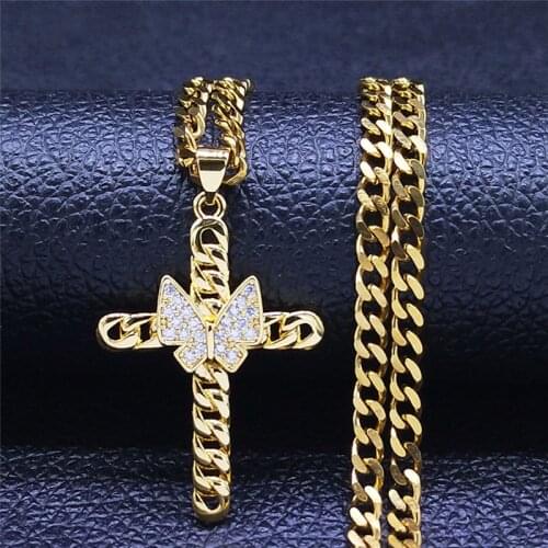 Punk Butterfly Cross Copper Crystal Stainless Steel Necklace Women Gold Color Choker Necklaces Jewelry bijoux femme NPW11S05