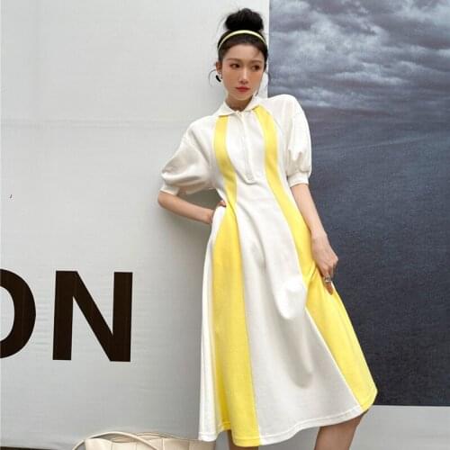 White Yellow Patchwork Stripes Puff Sleeve Polo Collar Women Dress 2021 Summer Designer Luxury A-Line Midi Dress