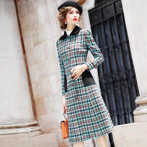 Street 2021 high plaid wool dress women fashion British style slim medium length Single breasted dresses Autumn winter windbreak