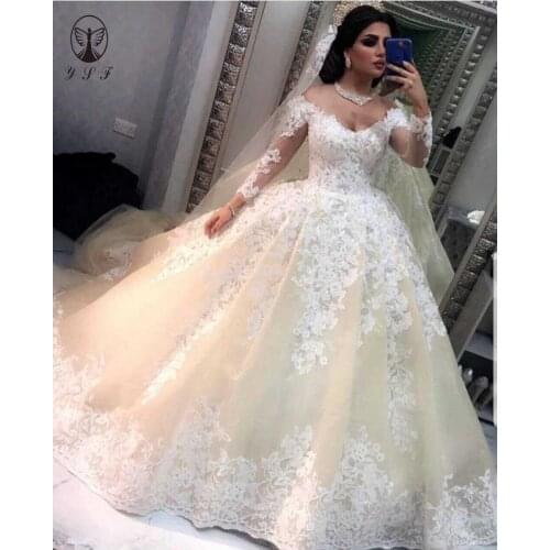 Arabian Design V Neck Appliqued Beaded Long Sleeve Ball Gown Puffy Champagne Wedding Dresses 2019