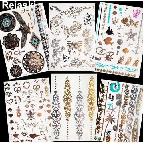 Henna Flower Gold Metallic Temporary Tattoo Women Arm Chain Flash Tattoo Stickers Leaf Girl Wrist Fake Tatoo Leg Indian Bracelet
