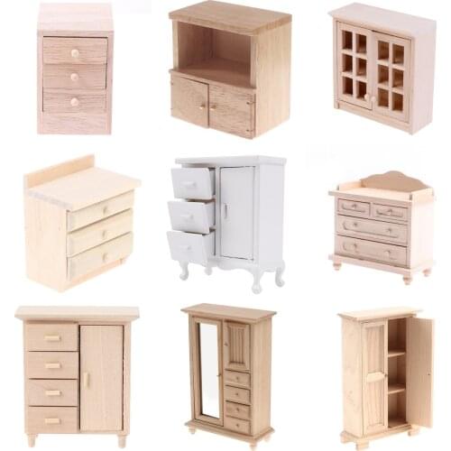 1:12 Dollhouse Miniature Wooden Cabinet Wardrobe Doll House Handcrafted Bedside Table Furniture Model Decor Mini Cabinet