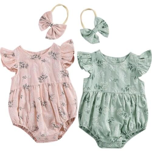 Baby Floral Printed Romper with Headband Cotton Round Collar Fly Sleeve Jumpsuit+Hair Band for Girls Newborn Baby Girl Jumpsuit