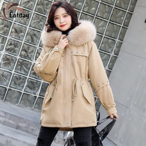 Cotday Khaki Padded Big Wool Collar Vintage Winter England Style 2020 New Adjustable Waist Cotton Women Mid-length Parka Coat