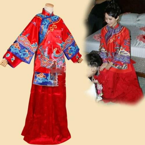 Hu Jing Red Blue Delicate Embroidery Traditional Chinese Wedding Hanfu Bride Costume Xiu He Fu for Wedding Photography
