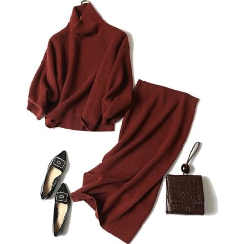 Cashmere Suit Loose Turtleneck Cashmere Sweater+ Skirt FemaleTwo-Piece Set Elastic Waist Ankle-Length Warm Sets Womens Outfits
