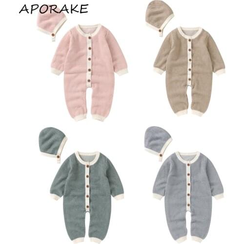 2021 0-18M Infant Baby Boy Girl Winter Romepr Patch O Neck Long Sleeve Knitted Warm Button Fly Jumpsuit+Hat Spring Fall Outfit
