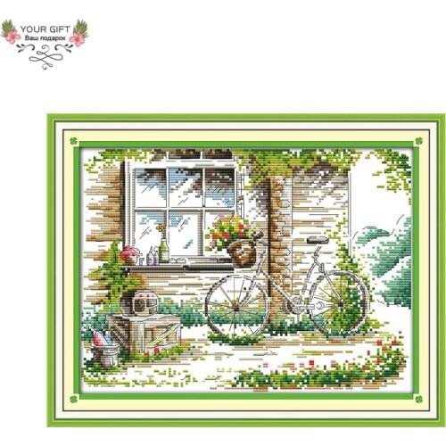 Joy Sunday Bike Hut Home Decor F667 14CT 11CT Counted and Stamped The Quiet Out Of The Window Embroidery Cross Stitch Kit