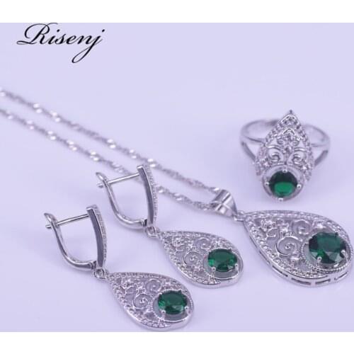 Russian Style silver 925 jewelry set for women round green stone jewelry for women earrings ring necklace set bridal jewelry
