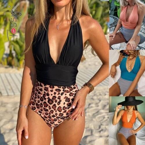 Tossy Micro Pleated Patchwork Swimsuit One-Piece Push Up Swimming Wear 2021 Sexy Halter Deep V-Neck Bathing Suit Beaching Wear