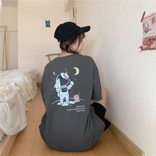 Summer college style cartoon cute print half-sleeved mid-length loose cotton T-shirt all-match casual women