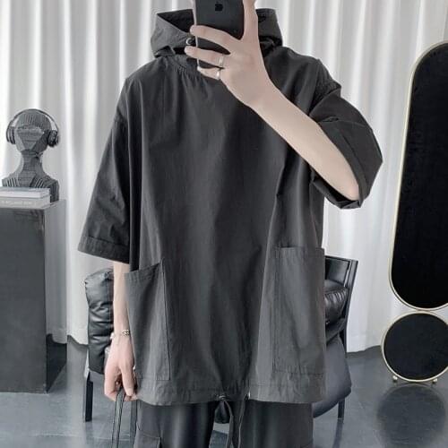 Men Clothing 2021 Summer New Mens Short-sleeved T-shirt Hooded Loose Tide Brand Harajuku Jacket Ins Retro Clothes Trend