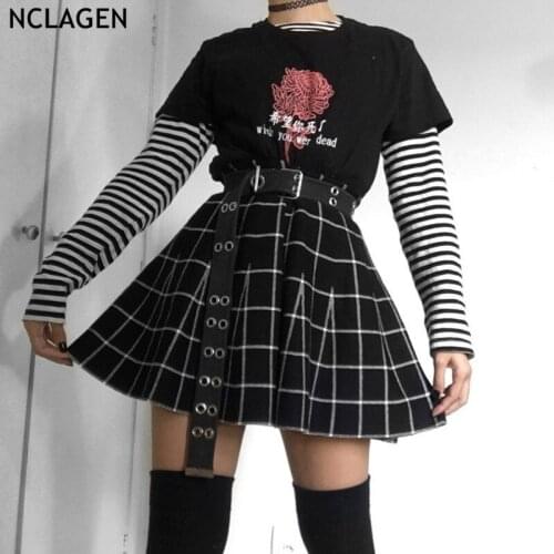 NCLAGEN Women Plaid Skirt High Waist A Line Gothic Black Pleated Mini Skirts Girl Streetwear Fashion Harajuku Punk Grunge Skirt