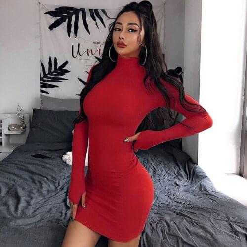 New Luxury Turtleneck Long Seeve Skinny Mini Dress Women Autumn Sexy Fashion Sporting Style Dresses 9 Color Slim Orange Clubwear