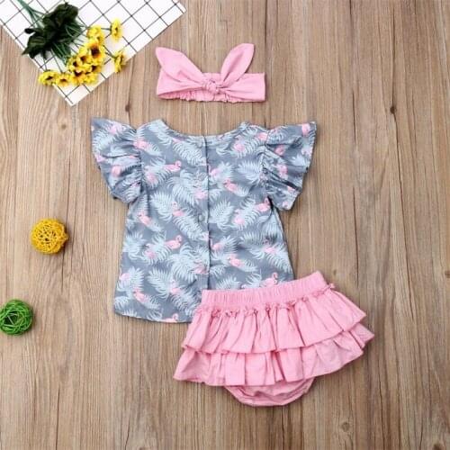 Newborn Baby Girl Clothes Fly Sleeve Flamingo Print Tops Ruffle Short Pants Headband 3Pcs Outfits Clothes Summer