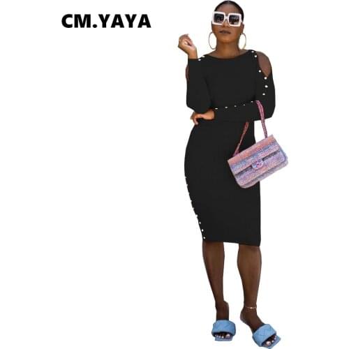 CM.YAYA Women Midi Dress Solid Full Sleeve Hollow Out O-neck Stretchy Skinny Knee Length Dresses Fashion Vestidos Autumn Outfits