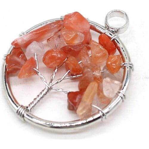 Natural Stone Gem Round Silver Wire Red Agate Tree Pendant DIY Retro Necklace Sweater Chain Jewelry Accessories Gift Making