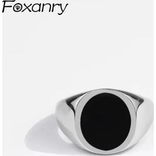 FOXANRY 925 Sterling Silver Wide Rings New Fashion Vintage Hip Hop Simple Black Geometric Design Punk Party Jewelry Wholesale