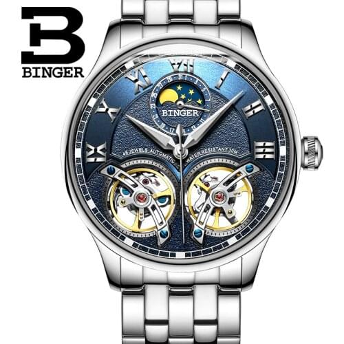 Switzerland BINGER Skeleton Automatic Watch for Men Self-Wind Fashion Men Mechanical Watches Business relogio masculino Blue