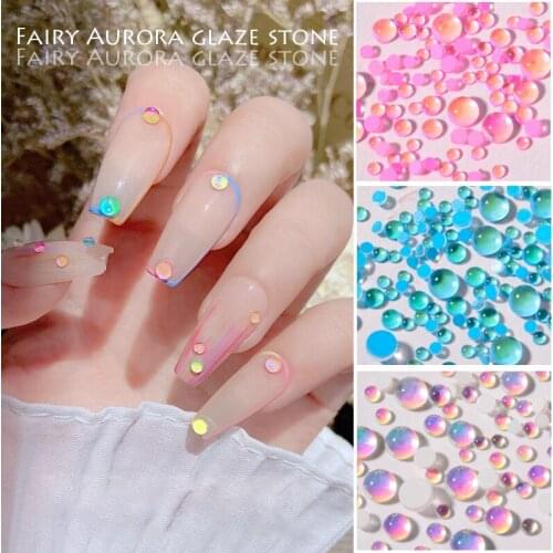Candy Color Mixed Size Mermaid Round Clear Glass Crystal Bead Hemispherical AB 3D Nail Art Rhinestones DIY Flatback Acrylic Deco