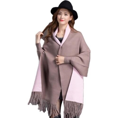 Womens Autumn Spring Long Cloak Patchwork Oversized Batwing Sleeve with Tassel Open Stitch Casual Coat Ladies Female Outwear