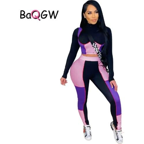 Women Sexy Color Block Workout Matching Sets Autum Long Sleeve Crop Top Skinny High Waist Leggings Outfits for Women Clothes