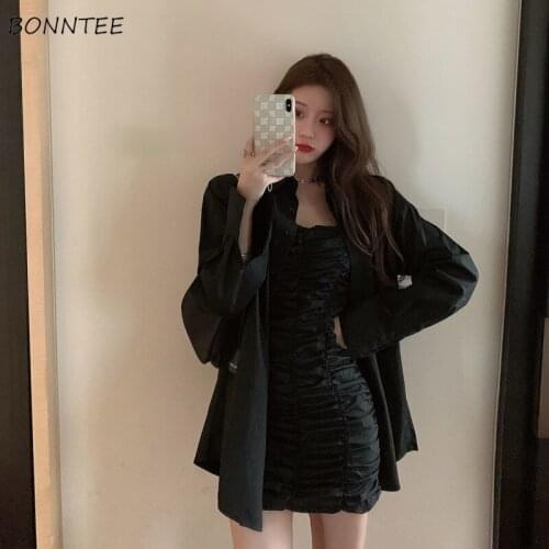 Dress Sets Women Solid Pleated Slim All-match Fashion Leisure Summer Spaghetti Strap Korean Style College Female Streetwear New