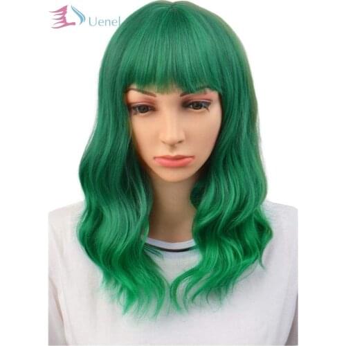 Uenel 16" Womens Short Curly Wavy Wig with Bangs Synthetic Hair Party Wigs Wig Cap Included